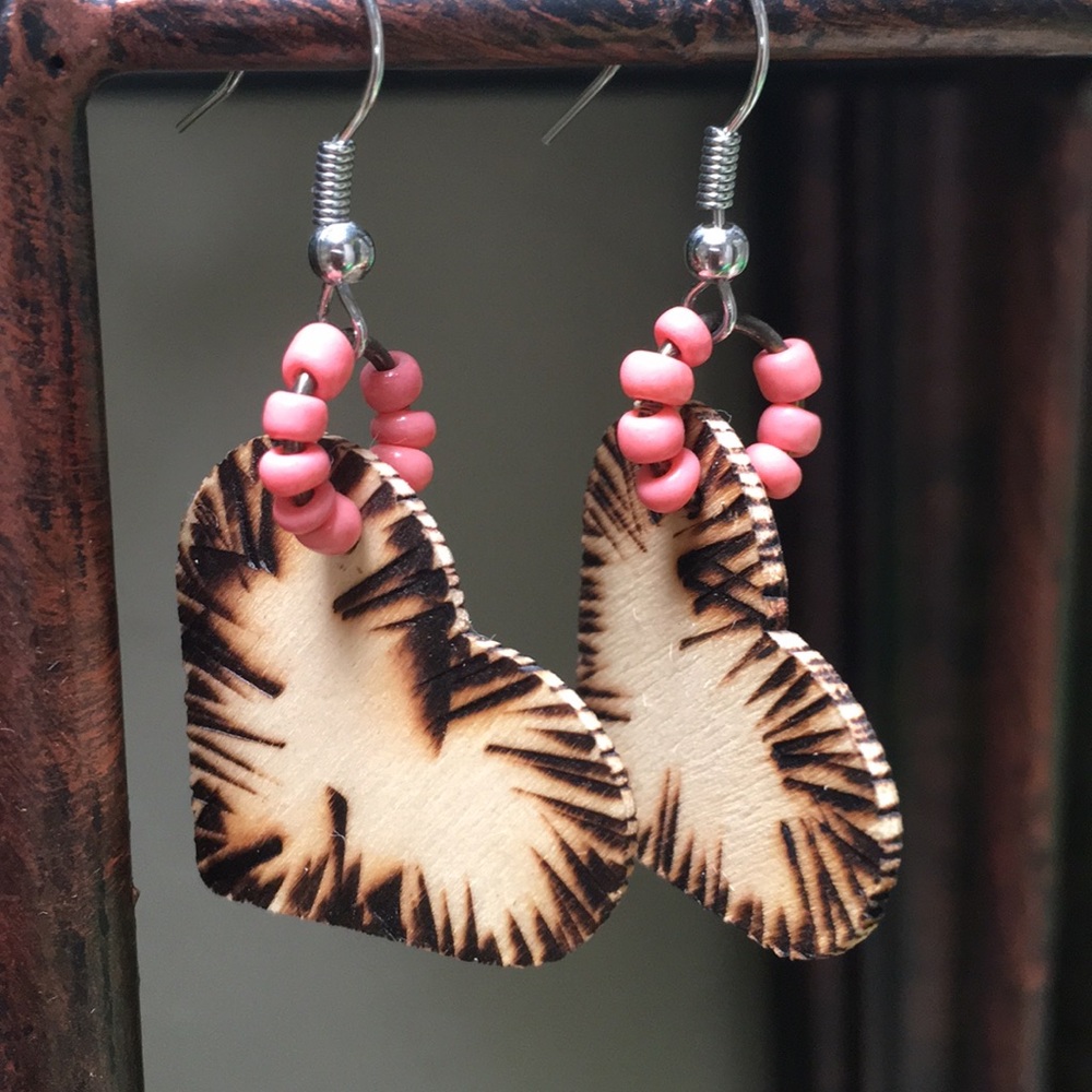 Earrings. Handmade wood burned heart earrings.